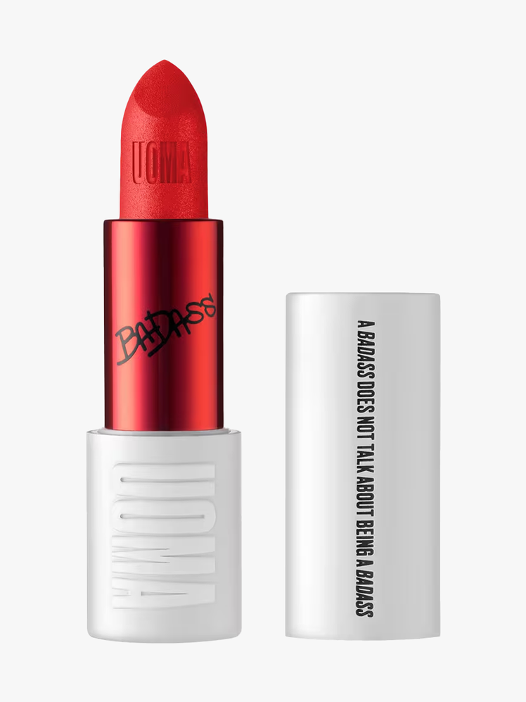 Uoma Beauty Badass Icon Matte Lipstick in branded twist up component on a light gray background