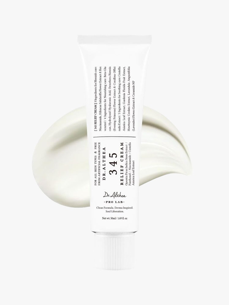 A white tube of Dr. Althea 345 Relief Cream on light gray background