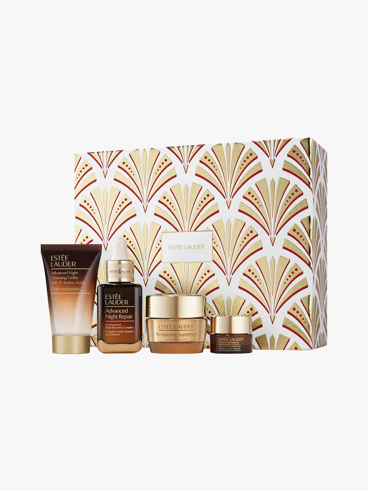 Estée Lauder Advanced Night Repair Holiday Skincare Set in multiple branded components on a light gray background