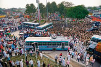 | Photo: Mayank Makhija : Farmers participate in a demonstration march as part of their nationwide protest against farm laws at Karnal in Haryana