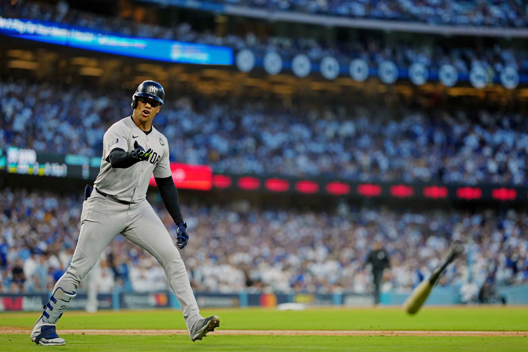 LOS ANGELES, CA - OCTOBER 26:  Juan Soto #22 of the New York Yankees reacts to hitting a solo home run in the third inning during Game 2 of the 2024 World Series presented by Capital One between the New York Yankees and the Los Angeles Dodgers at Dodger Stadium on Saturday, October 26, 2024 in Los Angeles, California. (Photo by Daniel Shirey/MLB Photos via Getty Images)