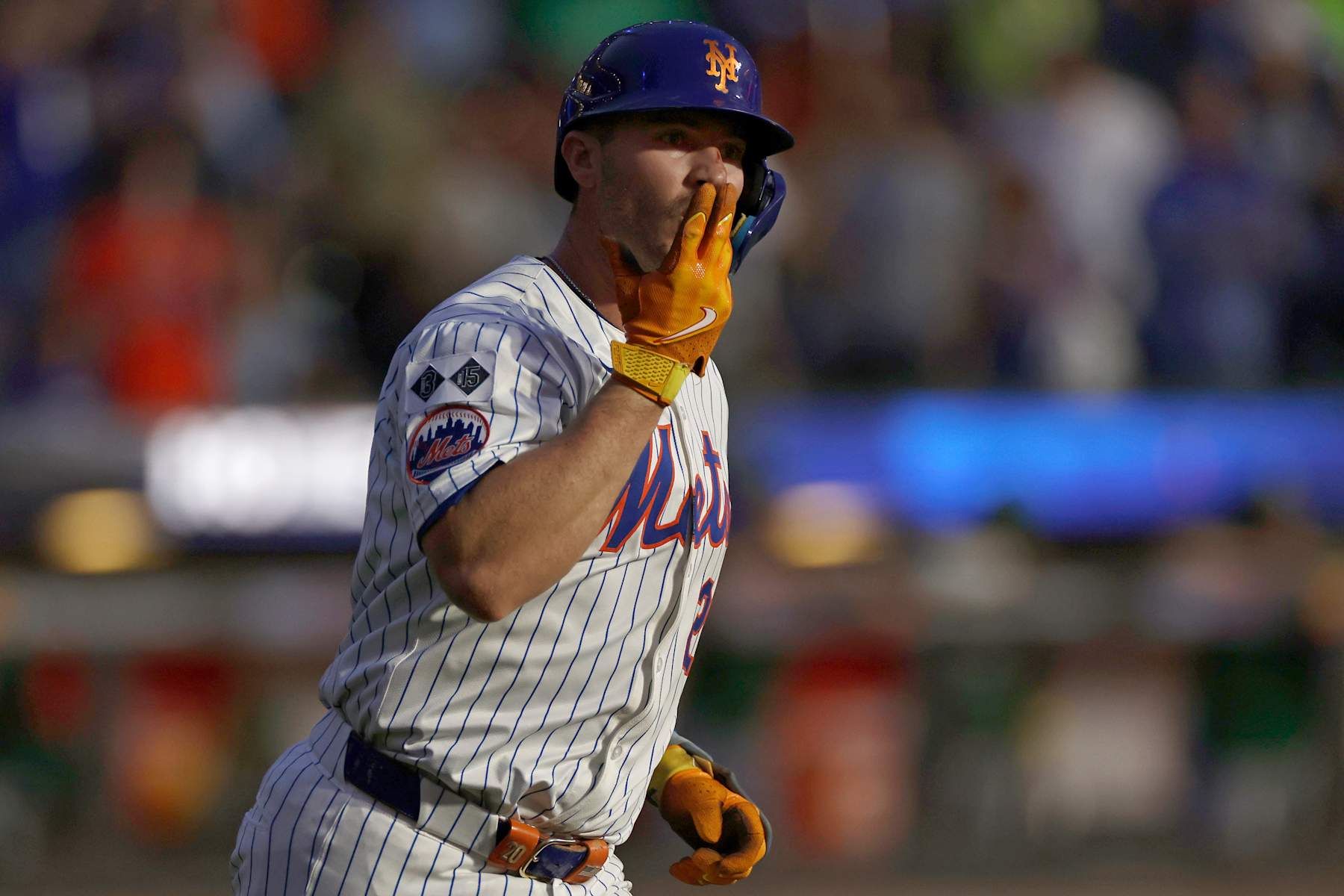 NEW YORK, NY - AUGUST 14: Pete Alonso #20 of the New York Mets reacts after hitting a home run during the fourth inning against the Oakland Athletics at Citi Field on August 14, 2024 in New York City. (Photo by Adam Hunger/Getty Images)