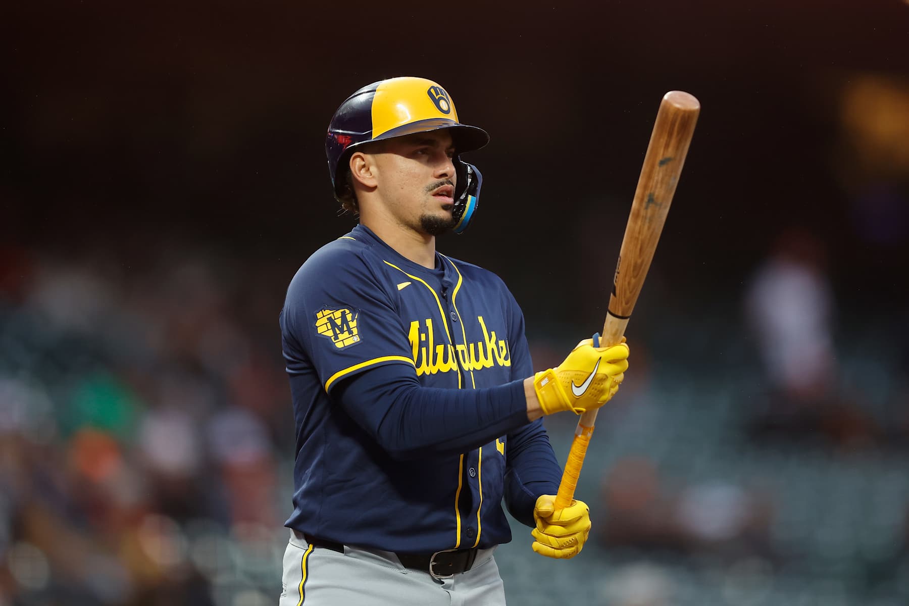 SAN FRANCISCO, CALIFORNIA - SEPTEMBER 10: Willy Adames #27 of the Milwaukee Brewers looks on while at bat against the San Francisco Giants at Oracle Park on September 10, 2024 in San Francisco, California. (Photo by Lachlan Cunningham/Getty Images)