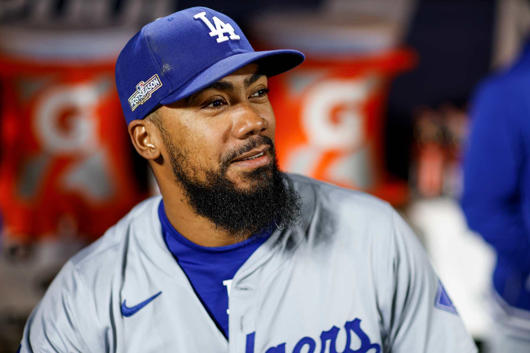 NEW YORK, NY - OCTOBER 16: Teoscar Hernandez #37 of the Los Angeles Dodgers looks on prior to Game 3 of the NLCS presented by loanDepot between the Los Angeles Dodgers and the New York Mets at Citi Field on Wednesday, October 16, 2024 in New York, New York. (Photo by Rob Tringali/MLB Photos via Getty Images)