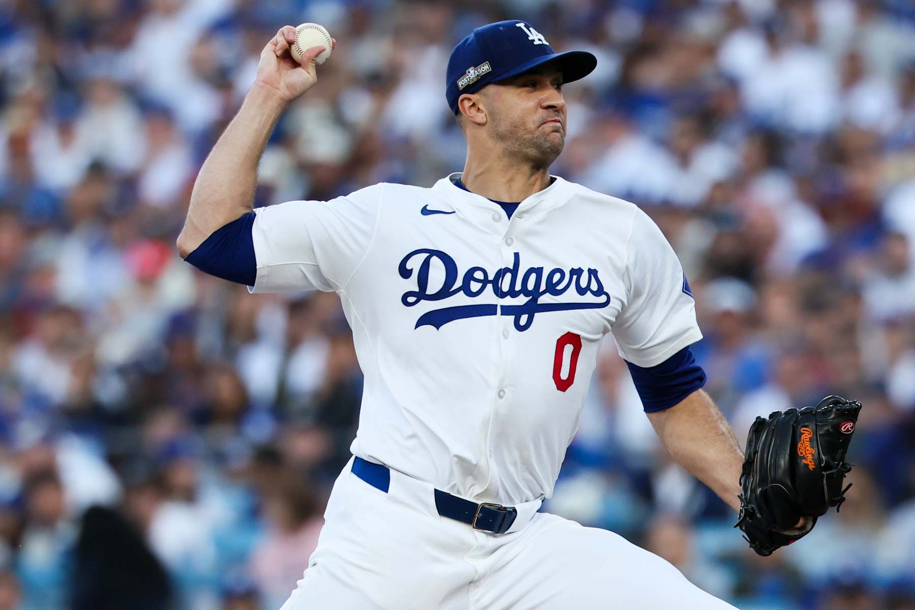 LOS ANGELES, CALIFORNIA - OCTOBER 13: Jack Flaherty #0 of the Los Angeles Dodgers delivers a pitch during the first inning in game one of the National League Championship Series against the New York Mets at Dodger Stadium on Sunday, Oct. 13, 2024 in Los Angeles. (Robert Gauthier / Los Angeles Times via Getty Images)