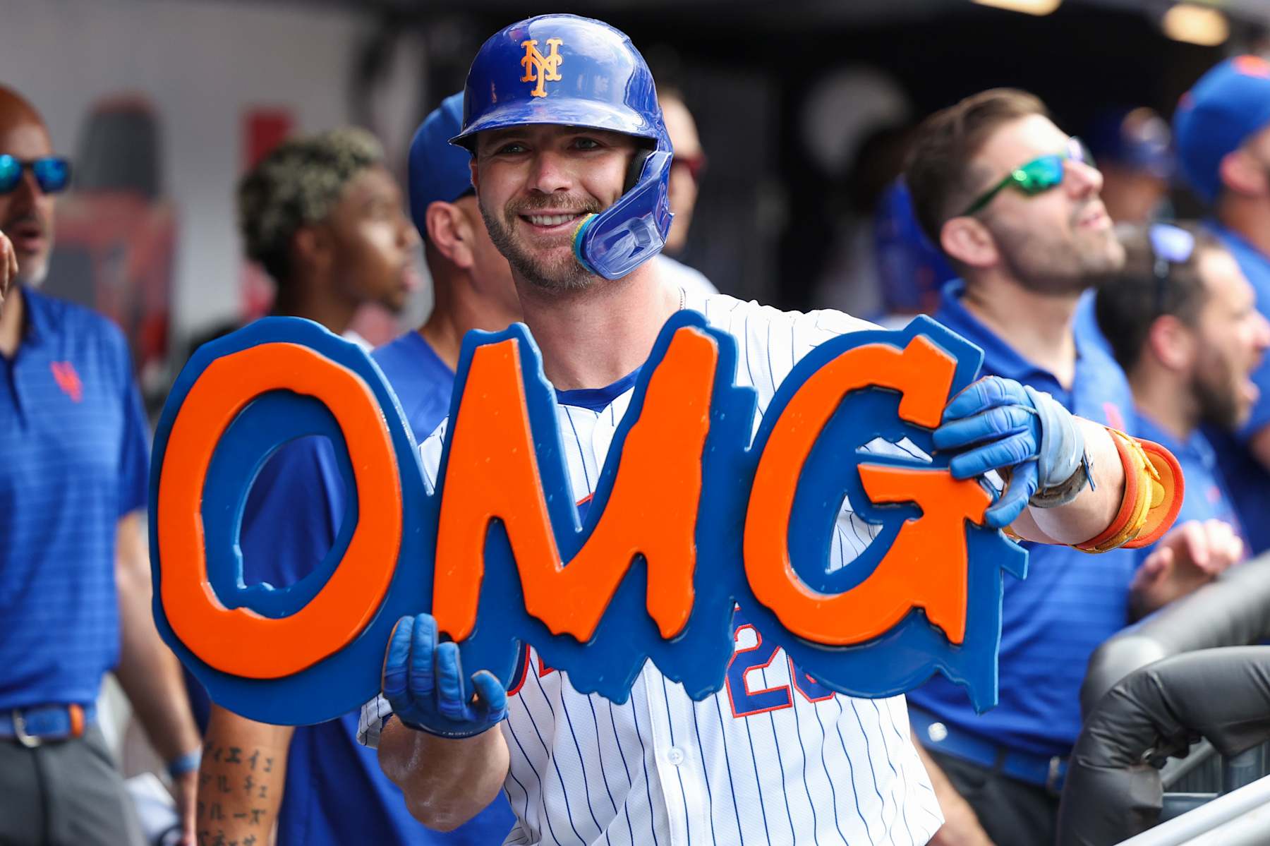 NEW YORK, NEW YORK - JULY 14: Pete Alonso #20 of the New York Mets reacts after a two-run home run against the Colorado Rockies during the fourth inning at Citi Field on July 14, 2024 in the Queens borough of New York City. (Photo by Luke Hales/Getty Images)