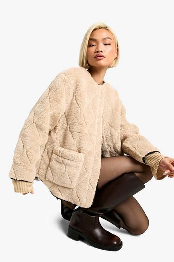 Onion Quilt Faux Fur Teddy Jacket beige