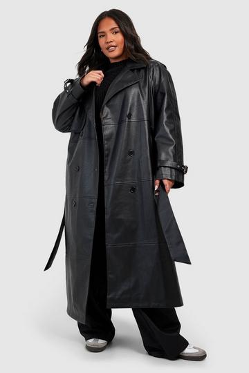 Plus Double Breast Faux Leather Maxi Trench Coat black