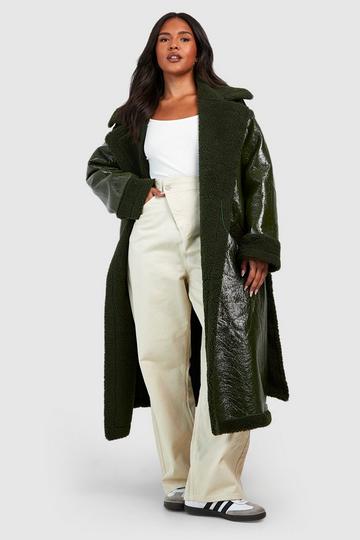 Plus Teddy Trim Vinyl Belted Coat dark green