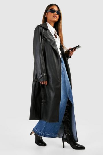 Faux Leather Belted Trench Coat black