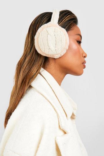 Cable Knit Faux Fur Ear Muff cream