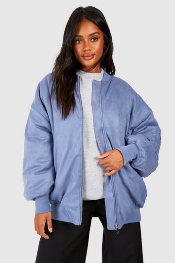 Blue Oversized Faux Suede Bomber Jacket