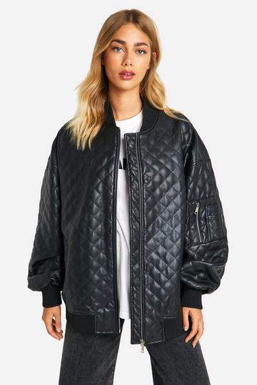 Faux Leather Quilted Oversized Bomber Jacket black