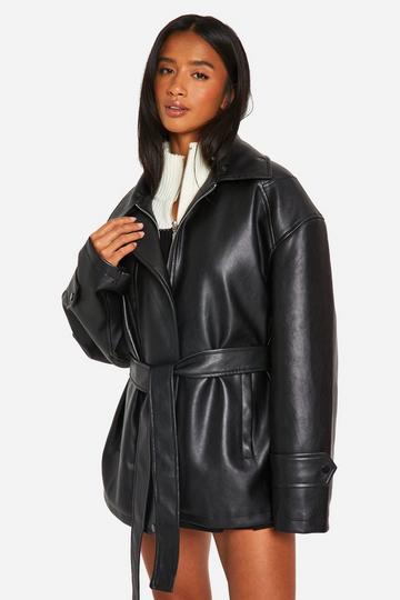 Petite Belted Faux Leather Trench Coat black