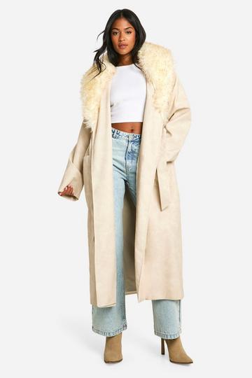 Tall Faux Fur Collar Vintage Look Faux Leather Trench Coat stone