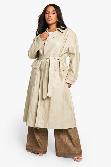 Plus Vintage Look Faux Leather Trench Coat stone