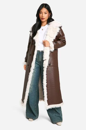 Petite Faux Leather Longline Coat brown