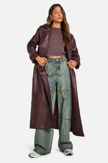 Tall Double Breast Faux Leather Maxi Trench Coat wine