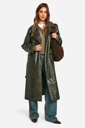 Crocodile Faux Leather Trench Coat dark green