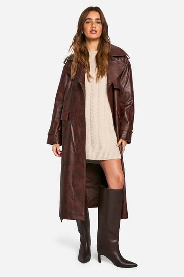 Crocodile Faux Leather Trench Coat chocolate