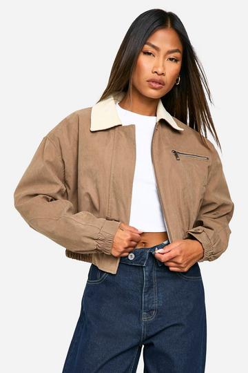 Contrast Collar Cropped Barn Jacket light brown