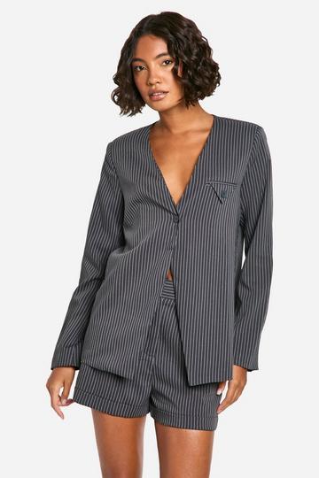 Tall Collarless Pinstripe Tailored Blazer grey