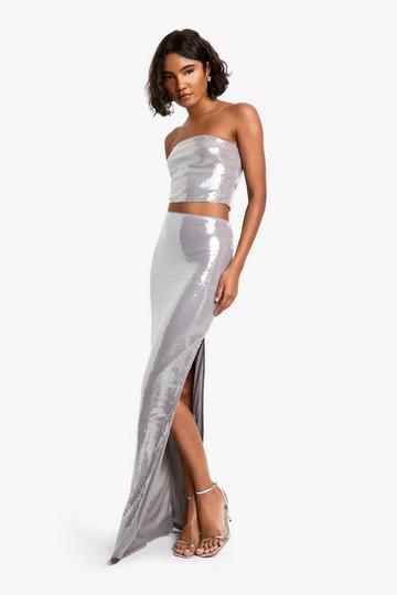 Tall Sequin Bandeau And Maxi Skirt Co-ord silver