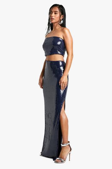 Petite Sequin Bandeau And Maxi Skirt Co-ord navy