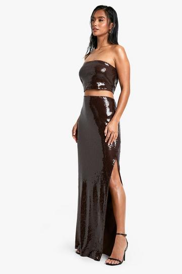 Petite Sequin Bandeau And Maxi Skirt Co-ord chocolate