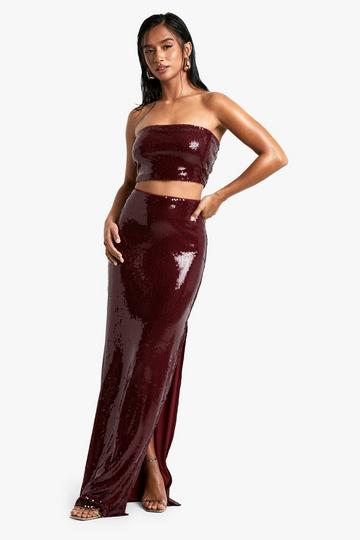 Petite Sequin Bandeau And Maxi Skirt Co-ord red