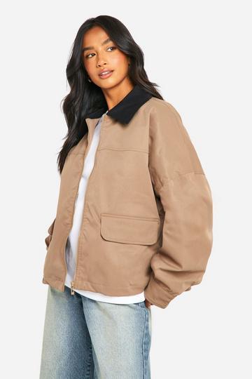 Petite Contrast Collar Oversized Harrington Jacket beige