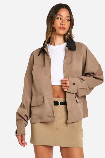 Tall Contrast Collar Oversized Harrington Jacket beige