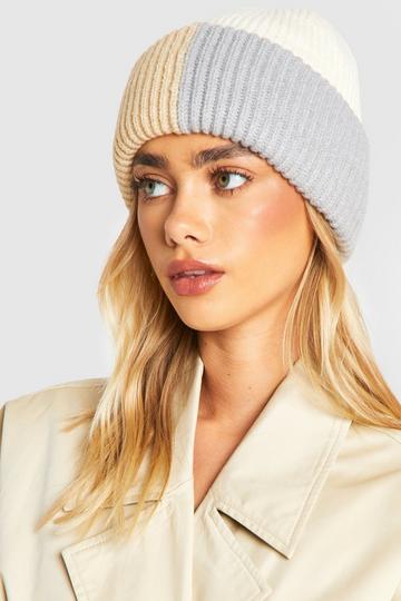 Color Block Fluffy Knitted Beanie ivory