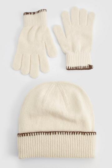 Blanket Stitch Trim Knitted Gloves & Beanie Set cream