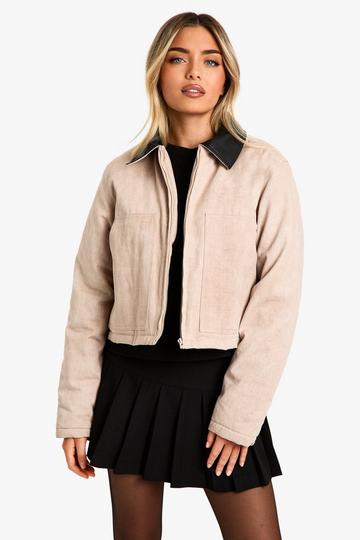 Contrast Collar Washed Look Barn Jacket stone