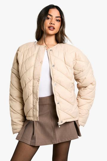 Quilted Collarless Puffer Jacket stone