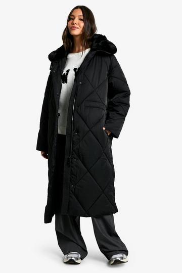 Premium Faux Fur Trim Quilted Maxi Parka black