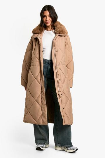 Premium Faux Fur Trim Quilted Maxi Parka camel