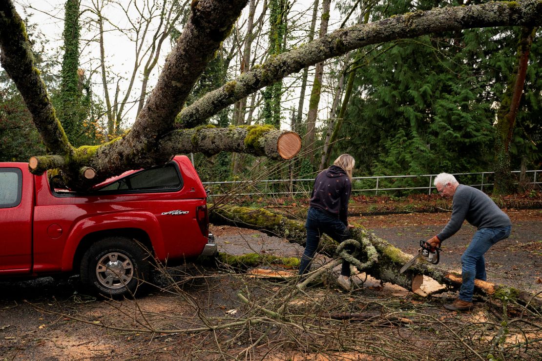 People work to remove a fallen tree from a fire department vehicle after a powerful storm hit the Pacific Northwest and western Canada.