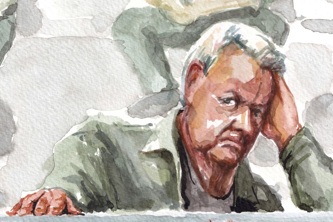 This courtroom sketch depicts Dominique Pelicot at the courthouse in Avignon, France, on September 11.