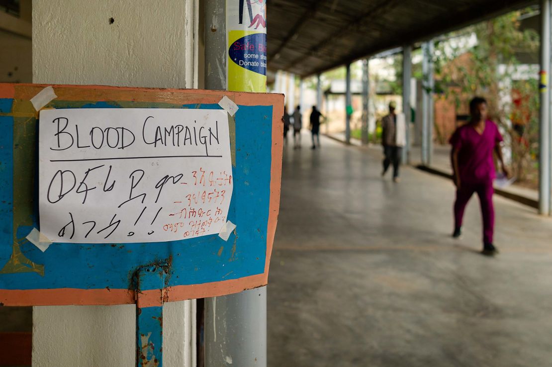 A sign at Axum University Teaching and Referral Hospital reads: "Blood Campaign, for mothers, for children, for all those that need it."