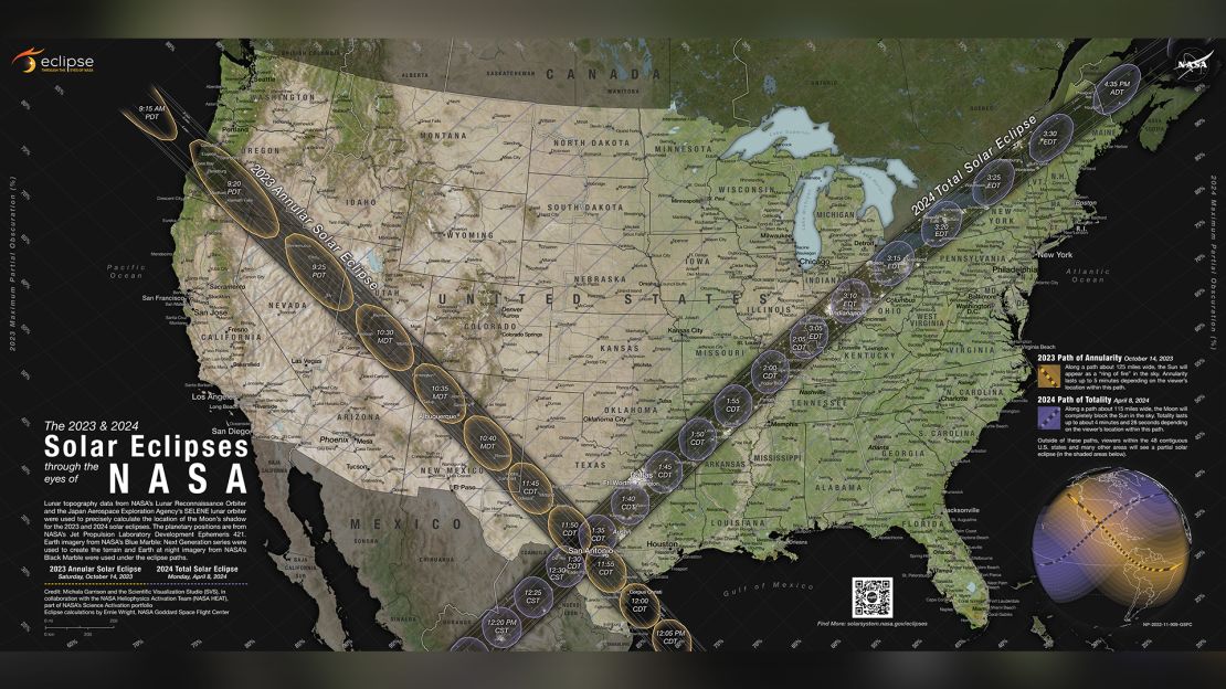 A map showing where the Moon's shadow will cross the U.S. during the 2023 annular solar eclipse and 2024 total solar eclipse.