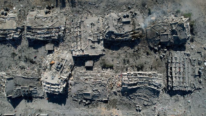 An aerial view of residential buildings destroyed in Israeli airstrikes in Zahra City, Gaza, on October 21.