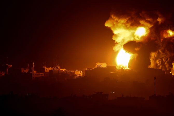 A fireball erupts during Israeli bombardment of Gaza, as seen from Israel, on Thursday, November 9.