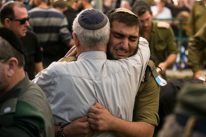 A soldier reacts during a funeral for IDF Reservist Maj. Eviatar Cohen in Kfar Saba, Israel, on December 12.