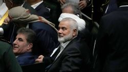 Hamas chief Ismail Haniyeh, center, sits prior to the start of the swearing-in ceremony of newly-elected Iranian President Masoud Pezeshkian at the Iranian parliament, in Tehran, Iran, Tuesday, July 30, 2024.