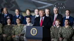 In this 2019 photo, then-President Donald Trump speaks at Joint Base Andrews, Maryland.