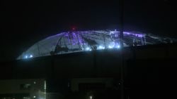 This screengrab taken from a video shows damage to the roof of Tropicana Field in St. Petersburg, Florida on October 9, 2024.