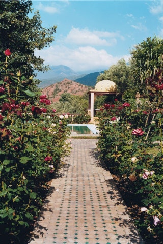 In the rose garden at Domaine de la Roseraie in the Atlas Mountains.