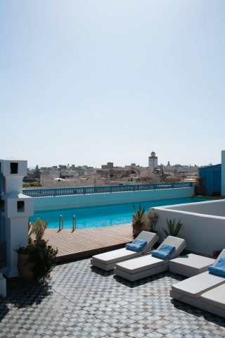 Rooftop swimming pool at Heure Bleue Palais Hotel in Essaouira.